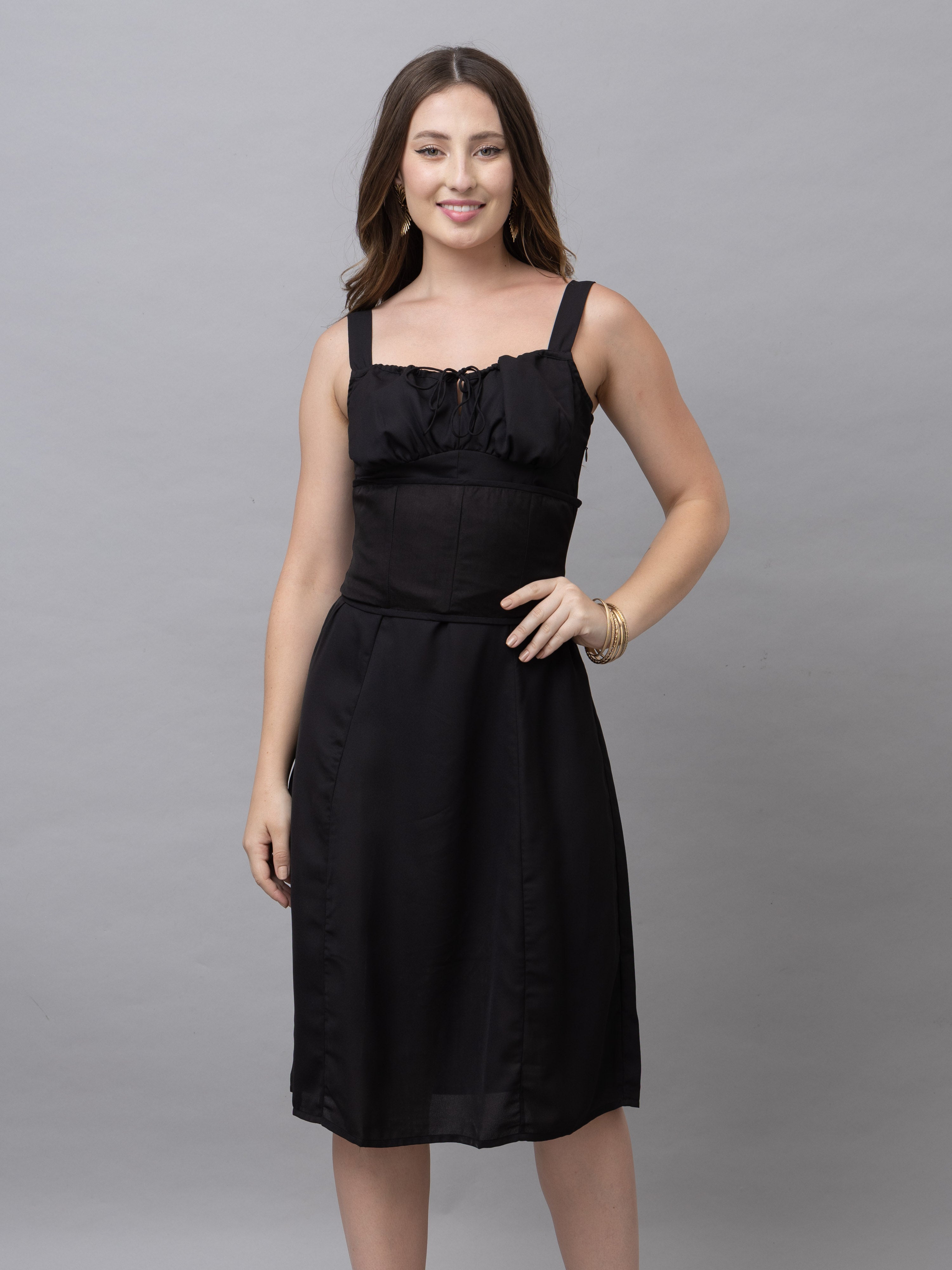 Lily Solid Black Corset Midi Dress