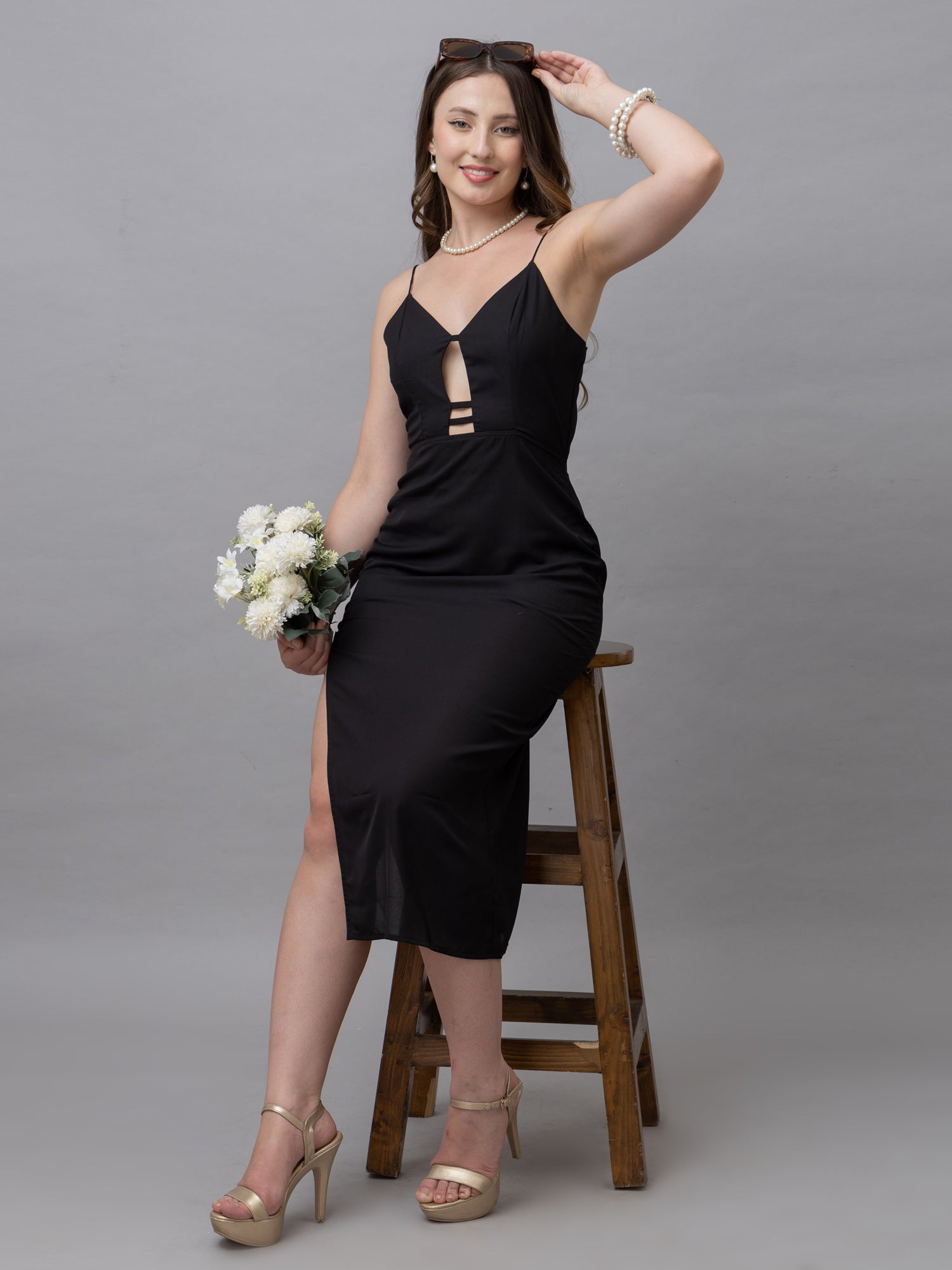 Hazel Solid Black Midi Dress