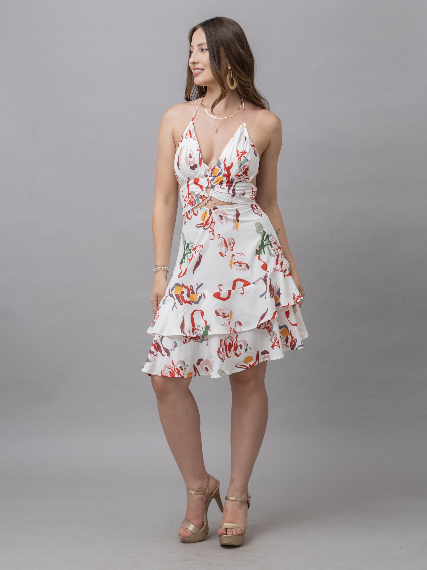 Evelyn White Abstract Print Mini Dress