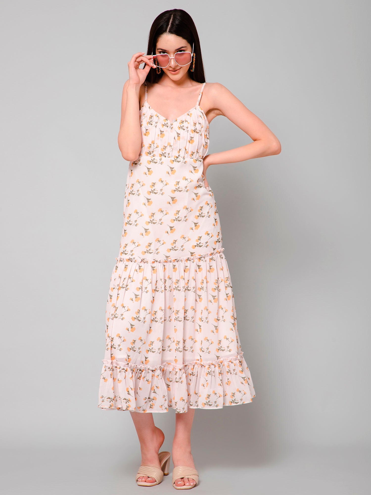 Leticia Beige Floral Print Gathered Maxi Dress