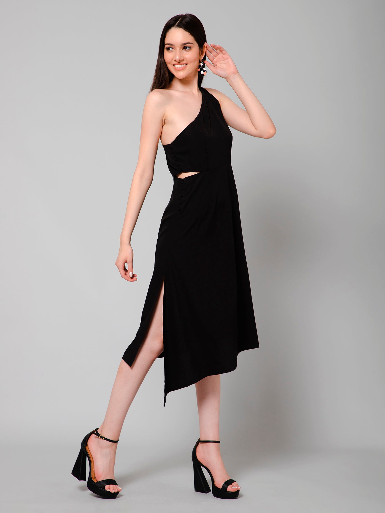 Cocktail Black One Shoulder Cut-out Midi Dress
