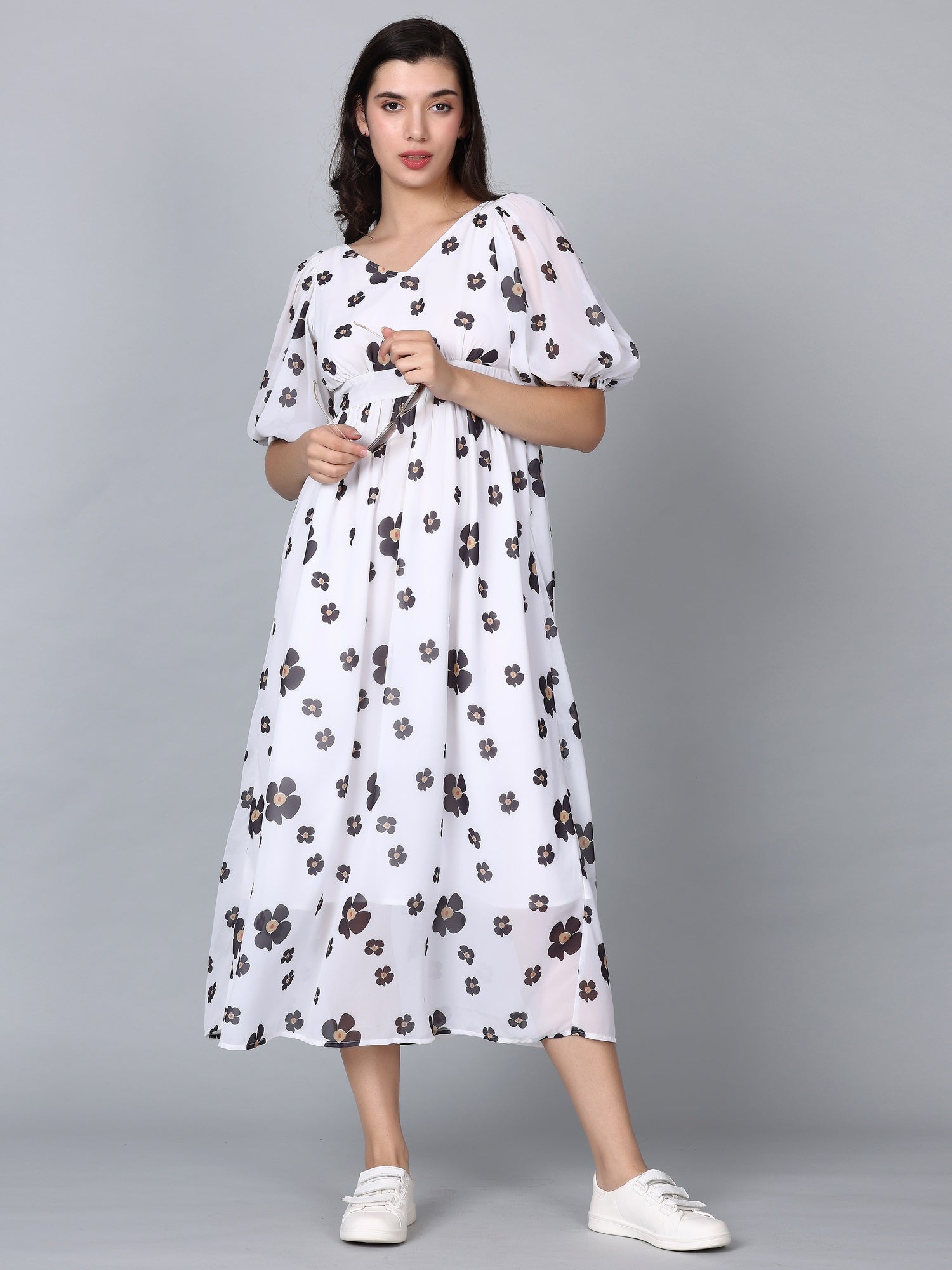 Juliana White Floral Print Puff Sleeves Long Dress
