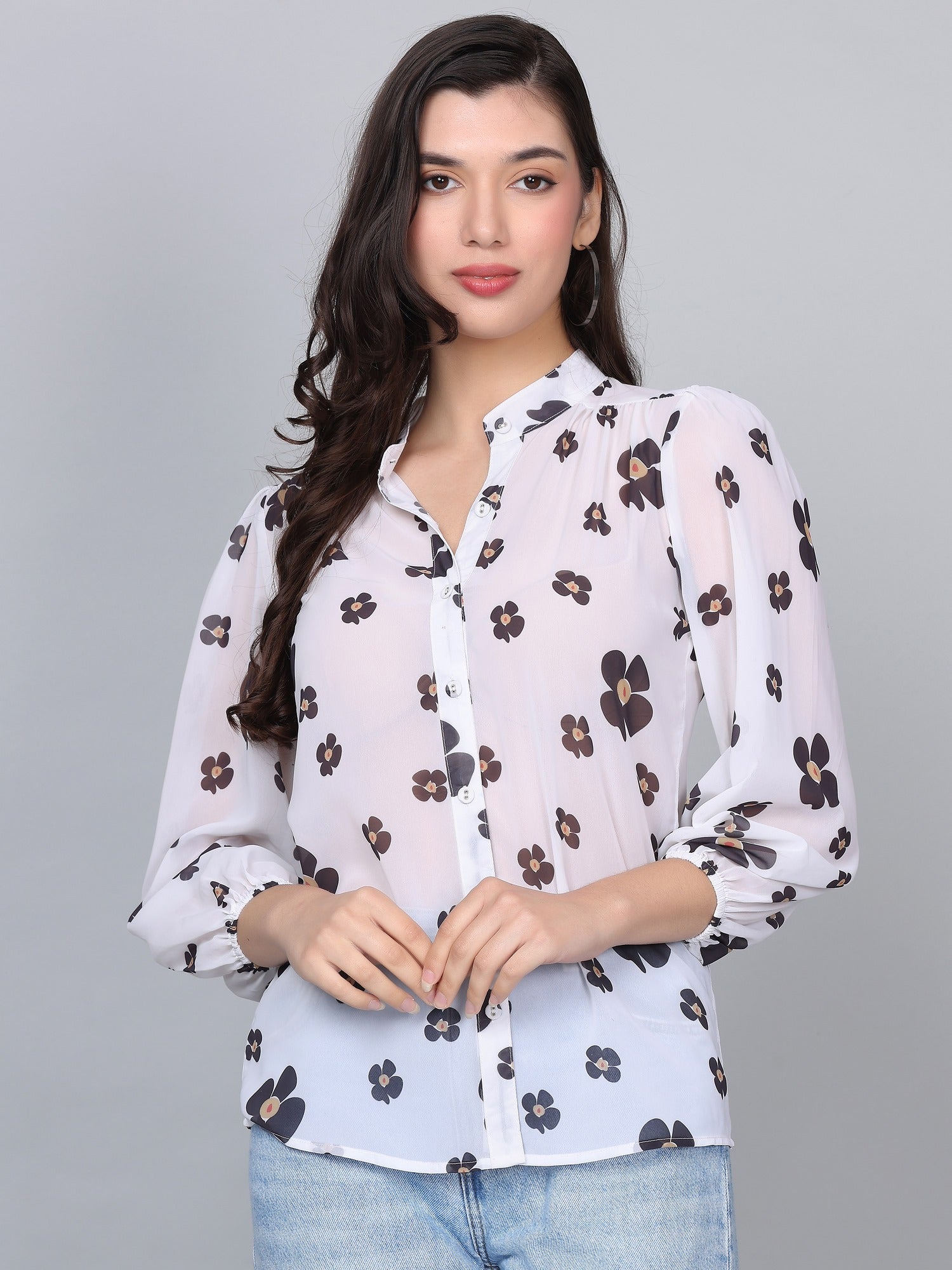 Lexi White Floral Print Puff Shirt