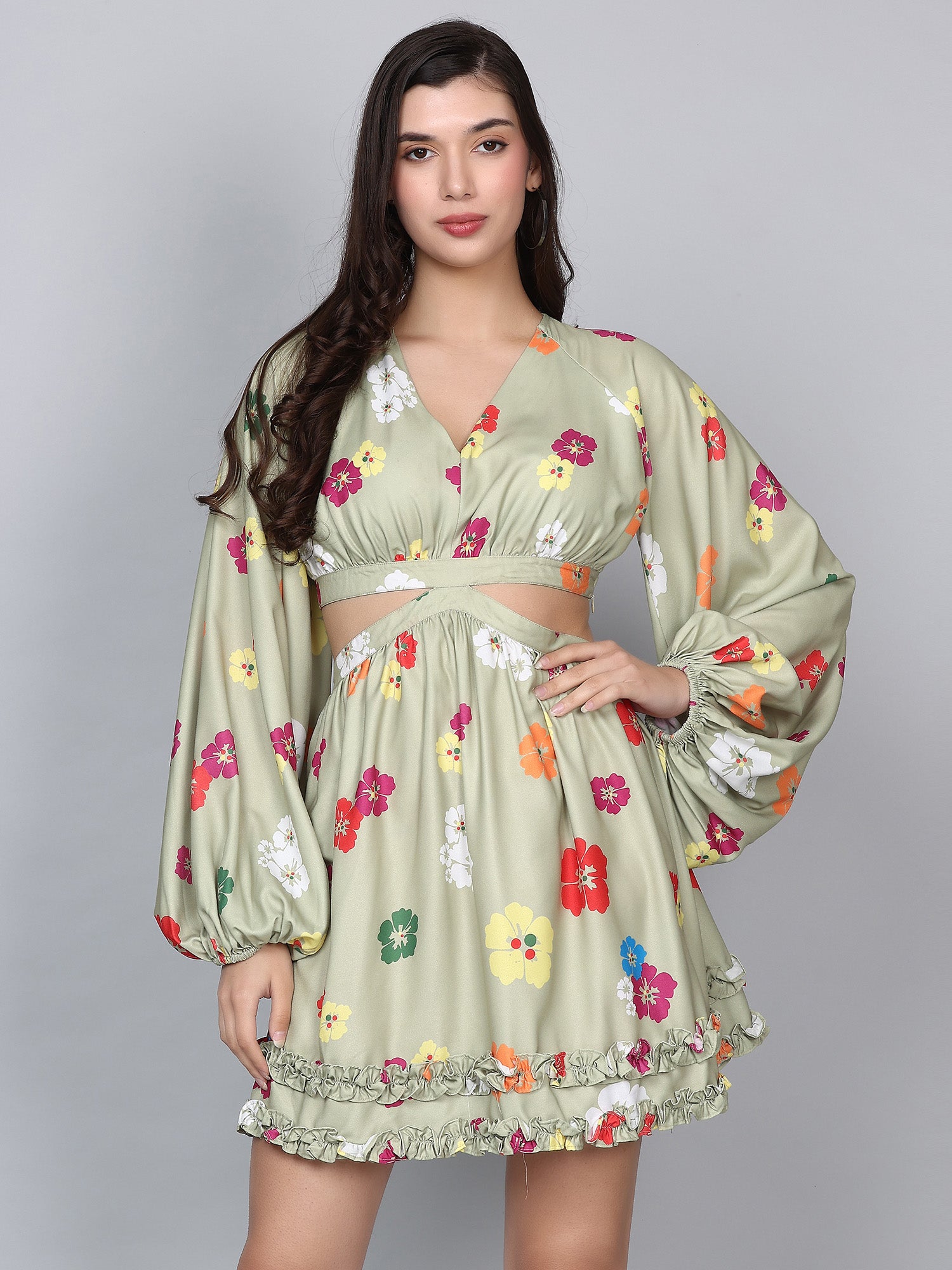 Flora Green Floral Print Flare Dress