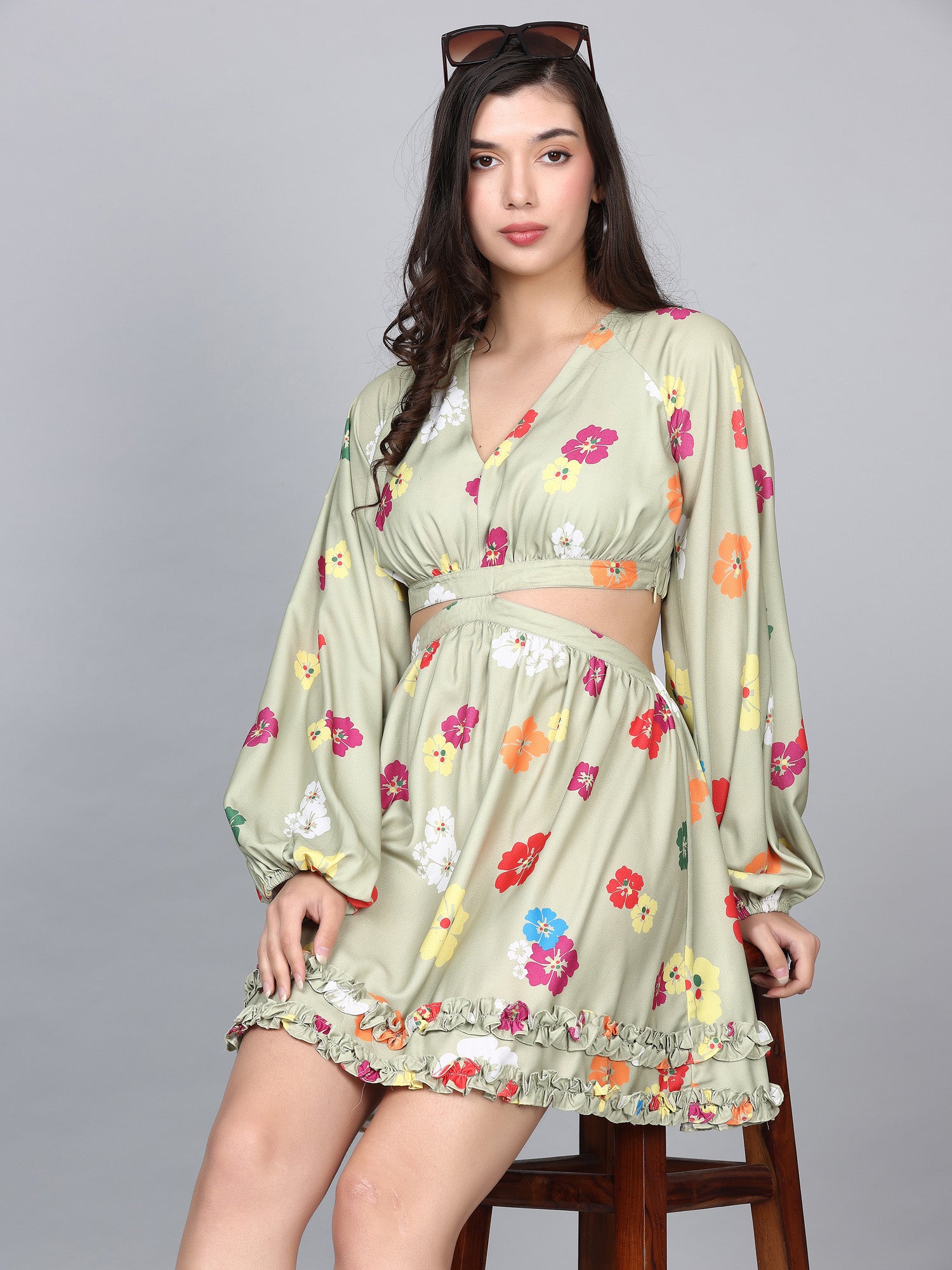 Flora Green Floral Print Flare Dress