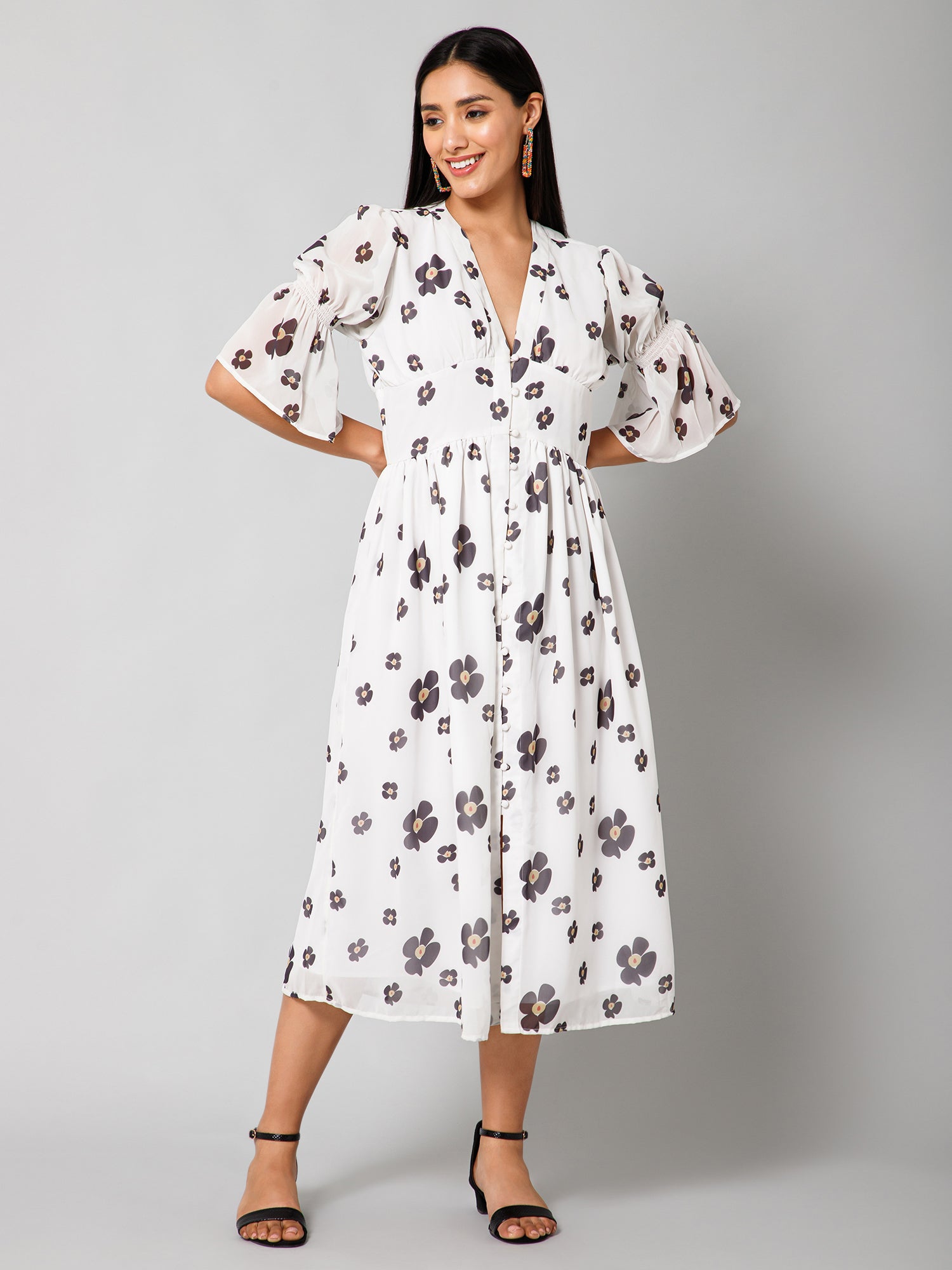 Romana White Floral Print Waist Yoke Long Dress