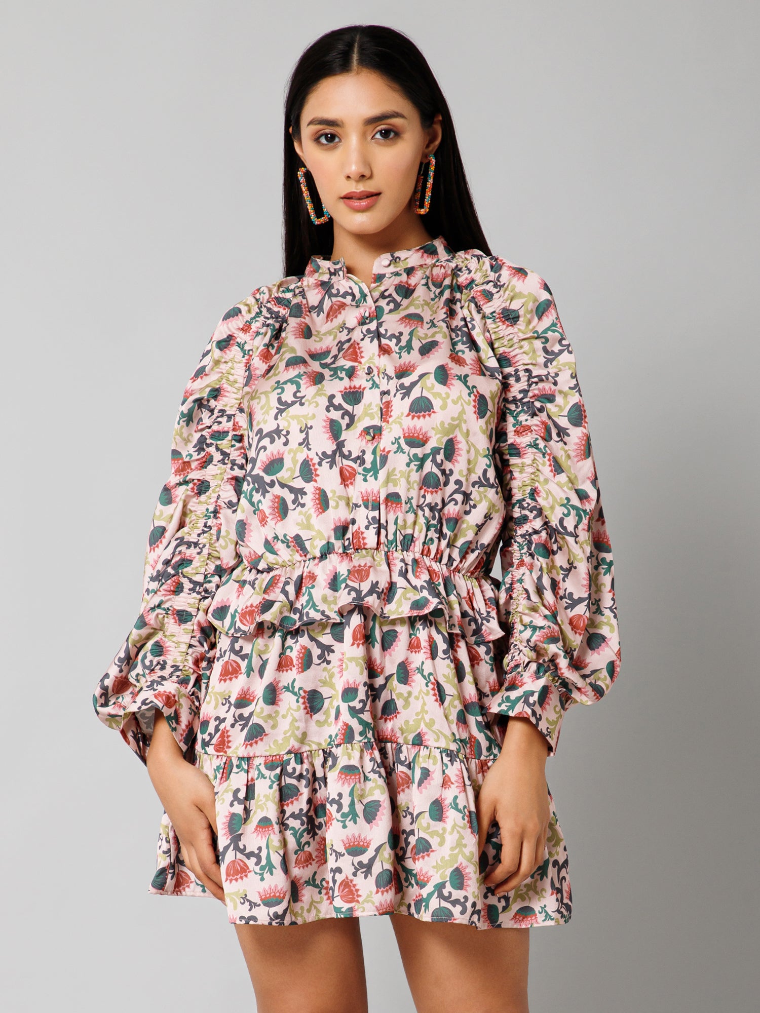 Silvia Beige Lotus Print Short Dress