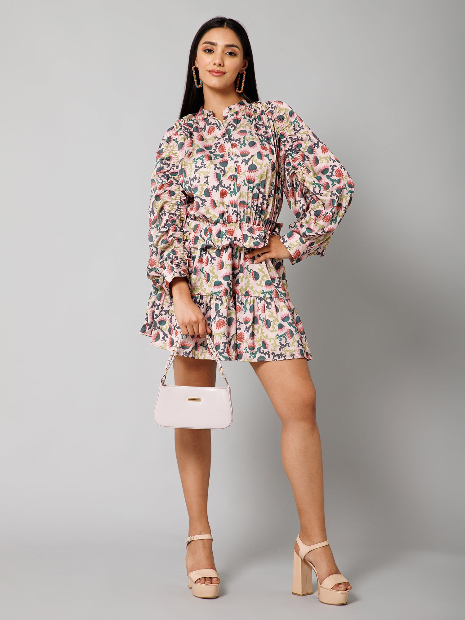 Silvia Beige Lotus Print Short Dress