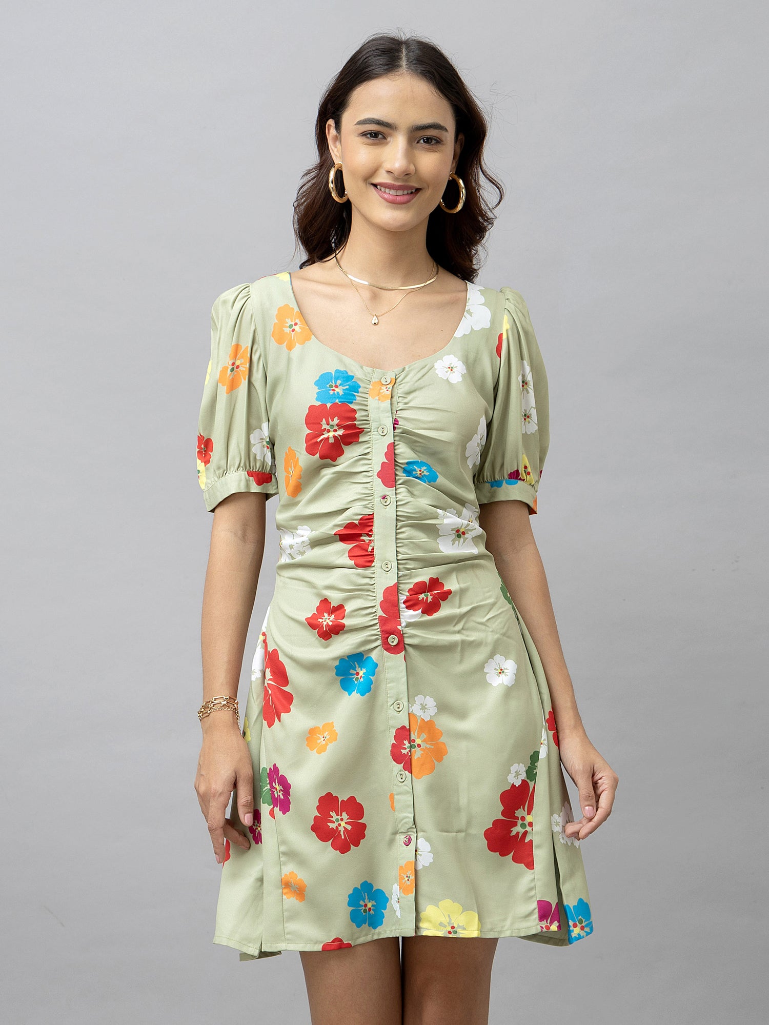 Pomona Green Floral Mini Dress