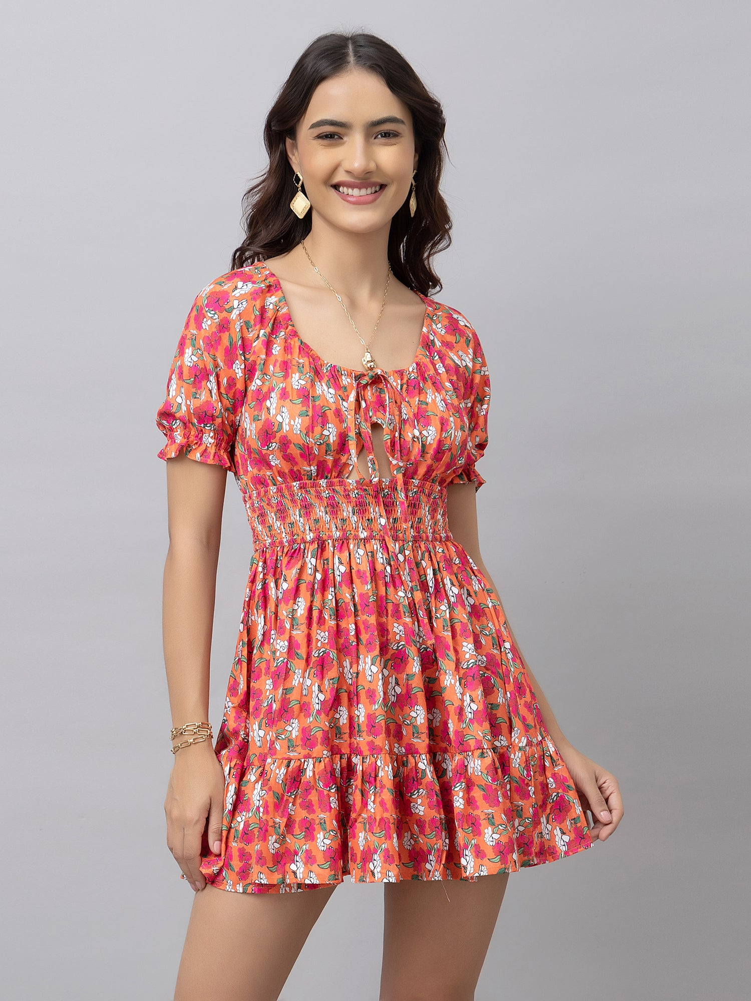 Juno Orange Floral Mini Dress
