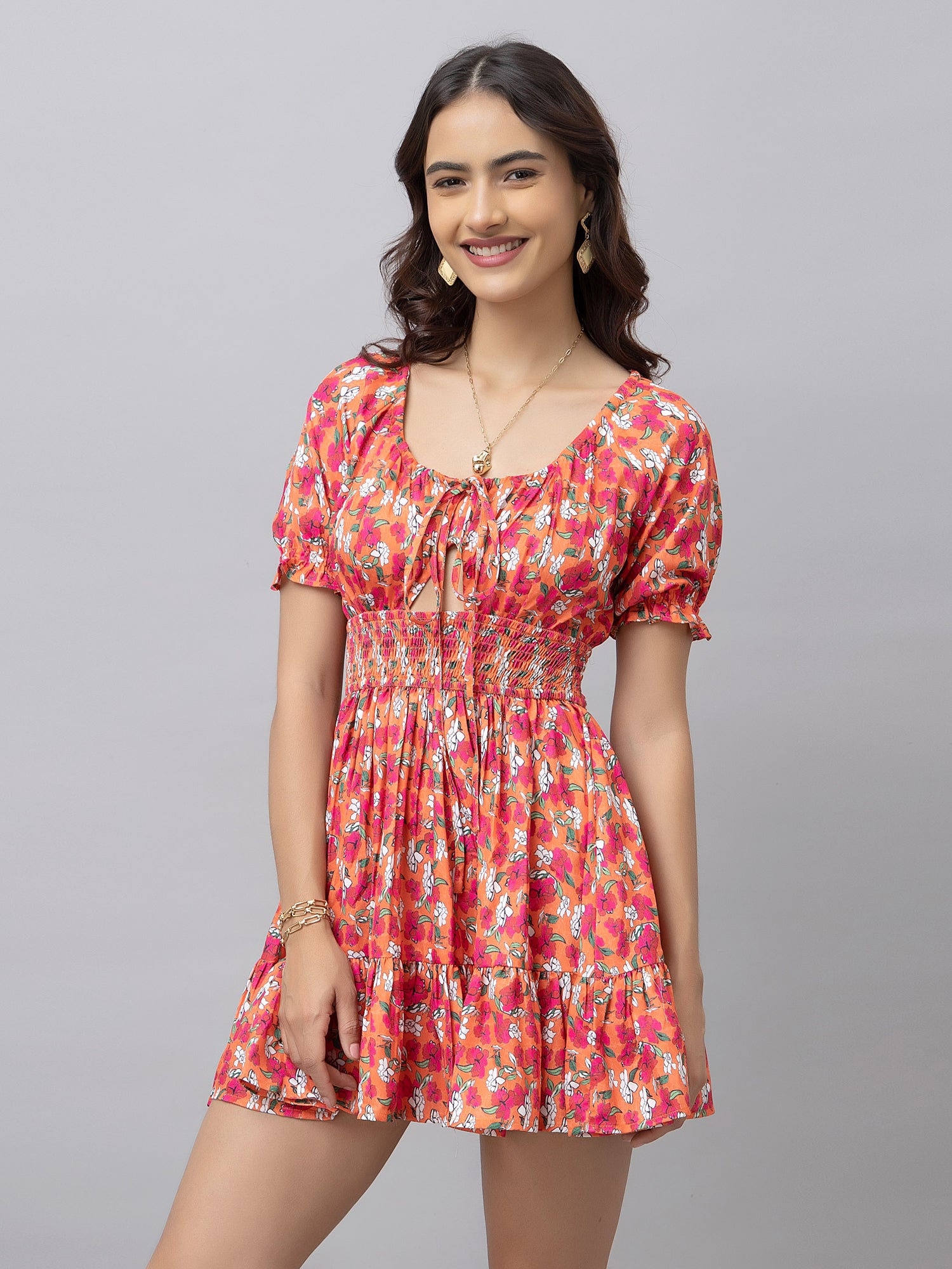 Juno Orange Floral Mini Dress