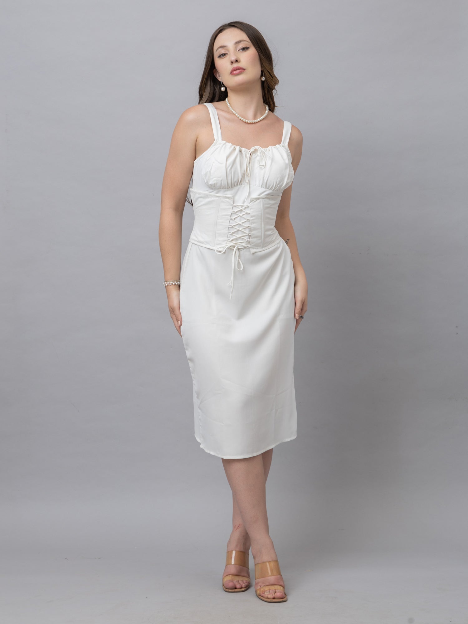 Lily Solid White Corset Midi Dress