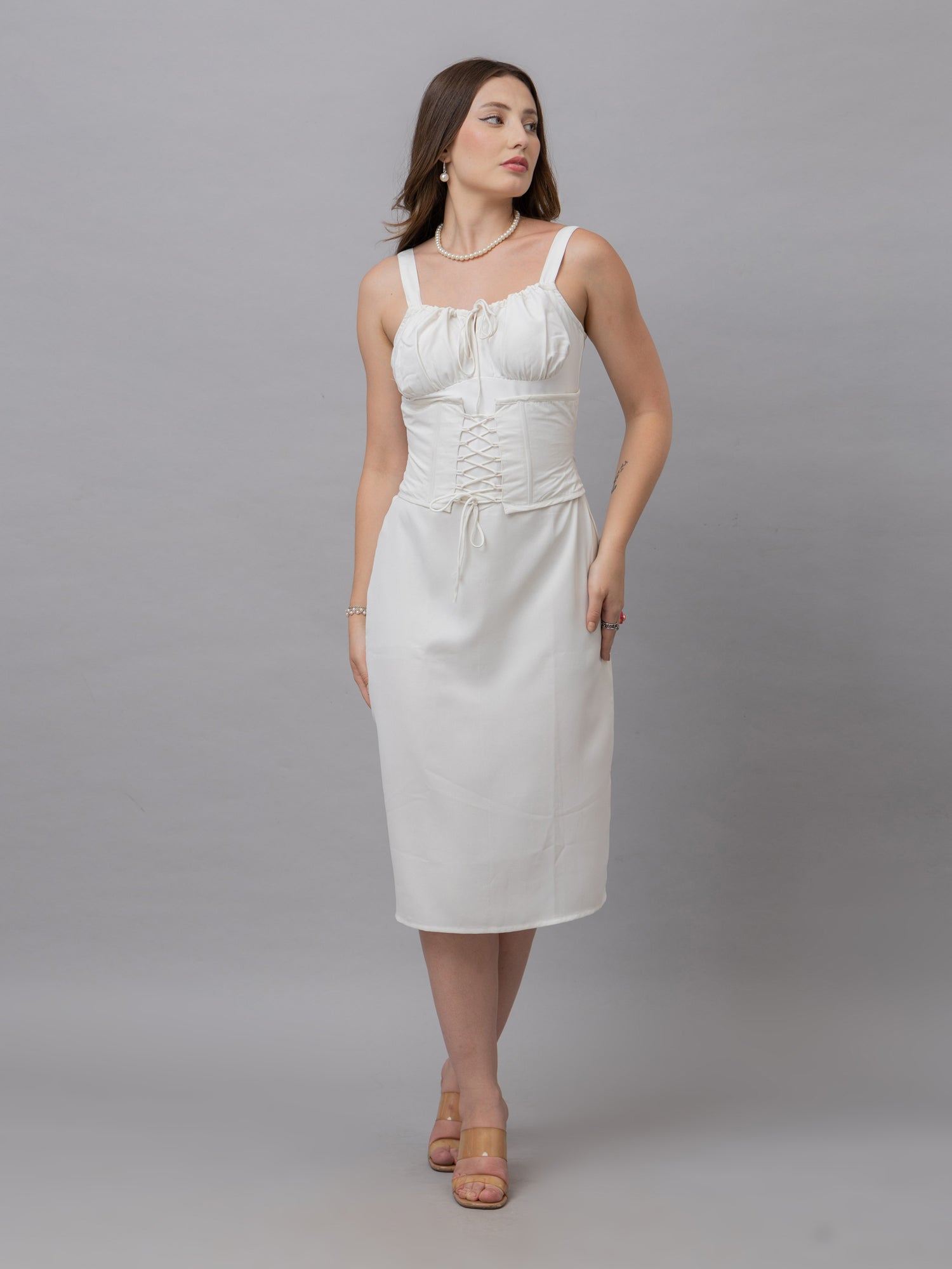 Lily Solid White Corset Midi Dress