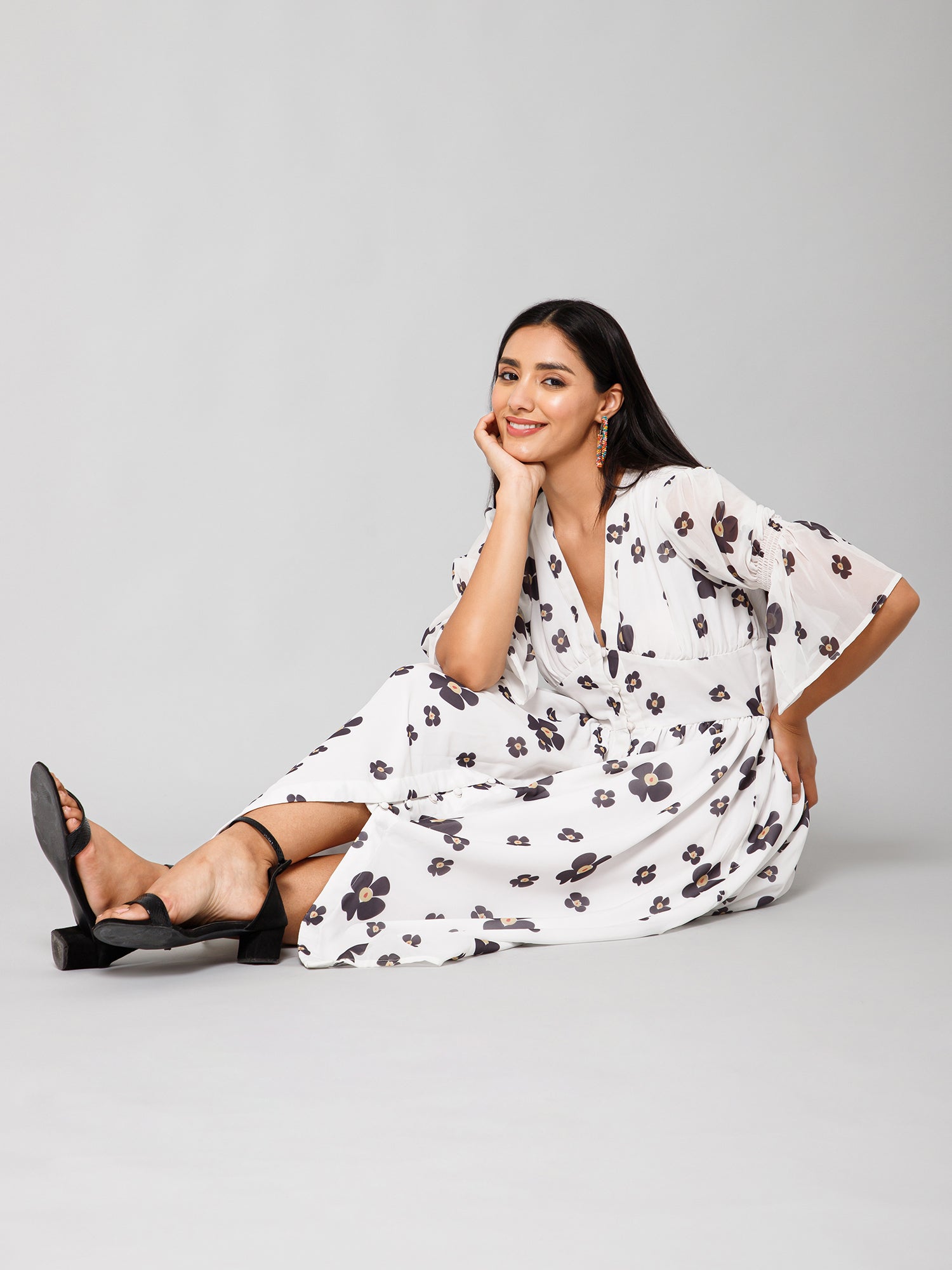 Romana White Floral Print Waist Yoke Long Dress