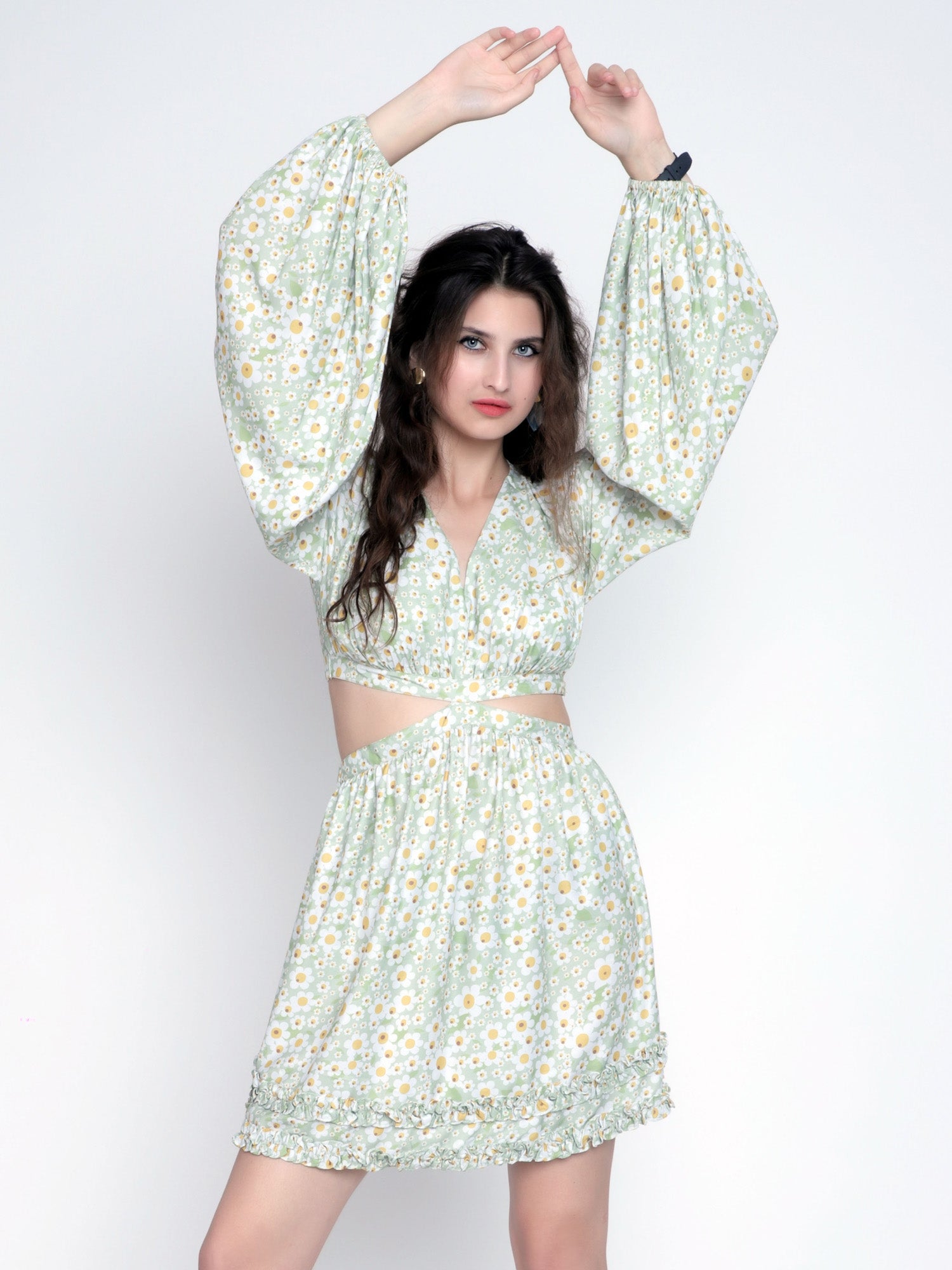 Flora Green Sunflower Print Flare Dress Hauteque Flora Green Sunflower Print Flare Dress Hauteque