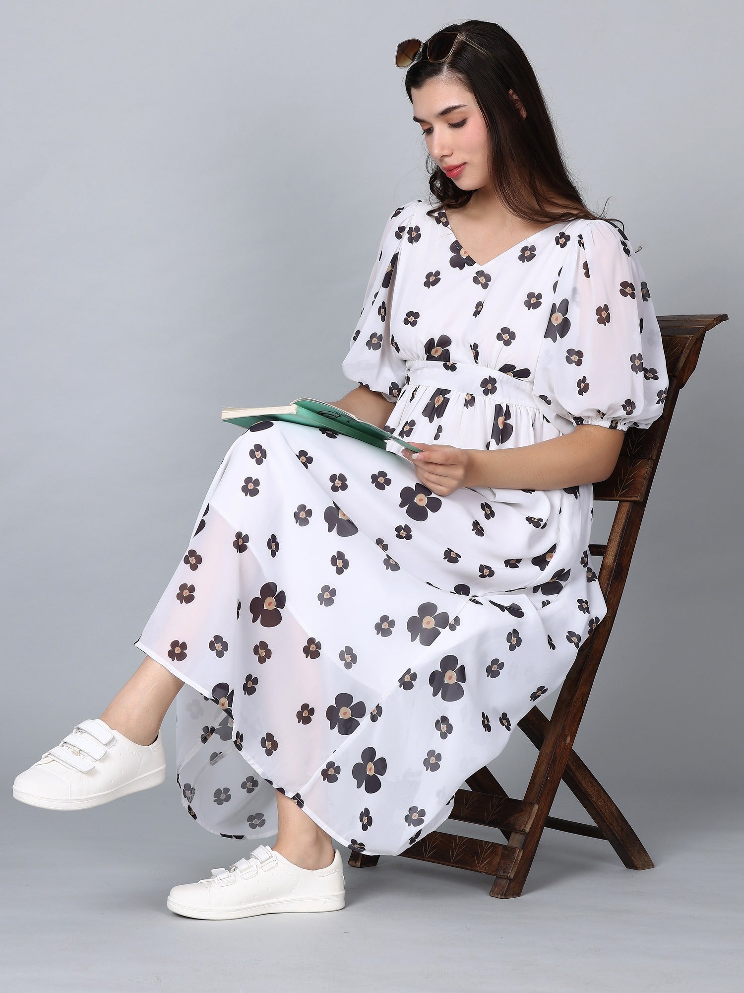Juliana White Floral Print Puff Sleeves Long Dress