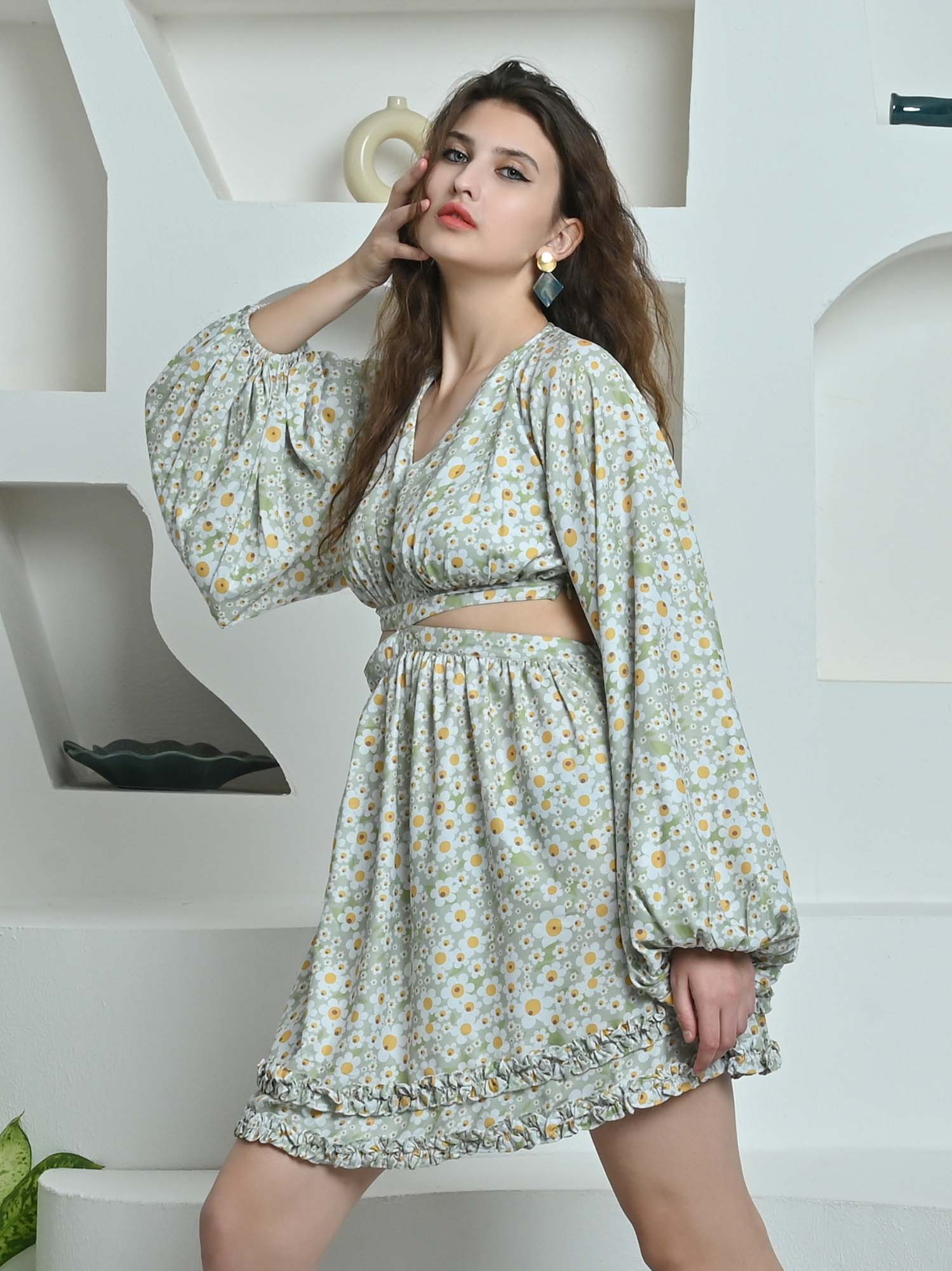 Flora Green Sunflower Print Flare Dress