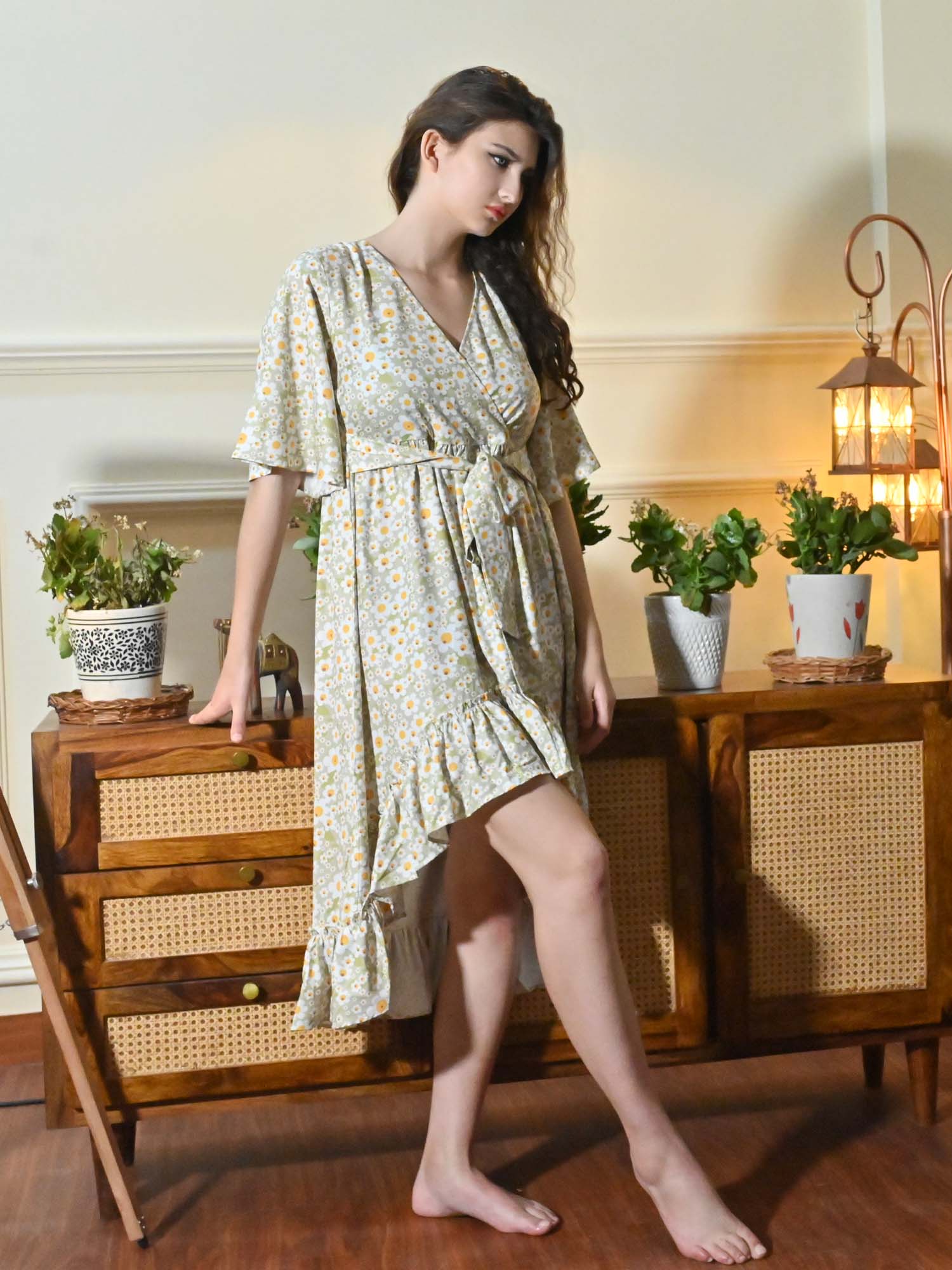 Misa Green Floral Sun Print Wrap Dress