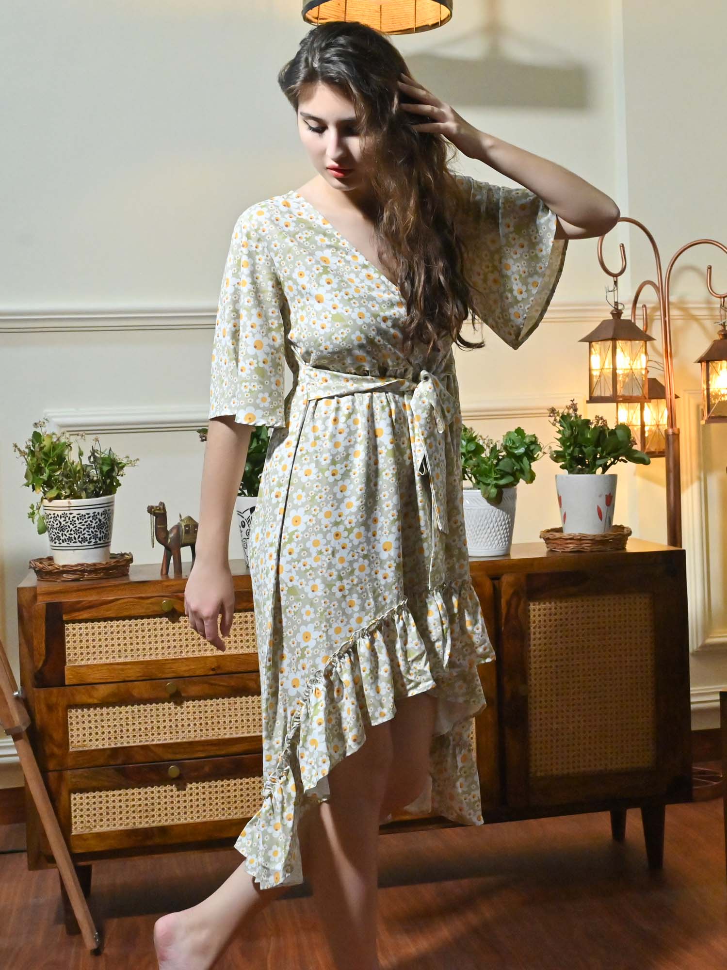 Misa Green Floral Sun Print Wrap Dress