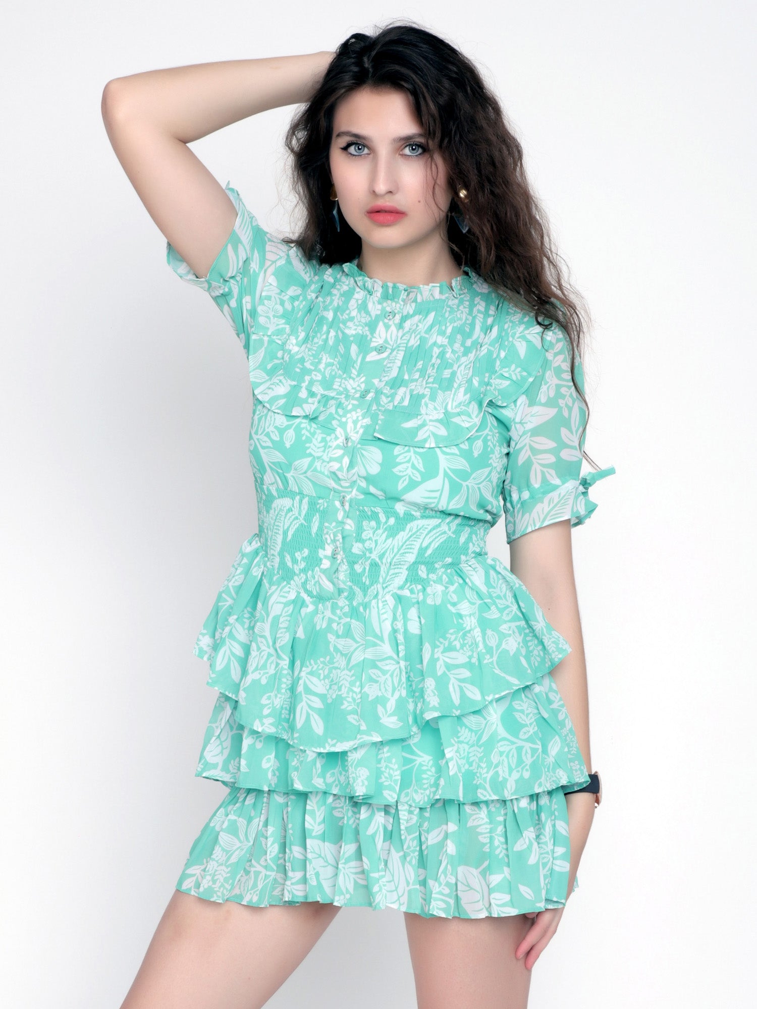 Trinity Green Tropical Print Butterfly Mini Dress