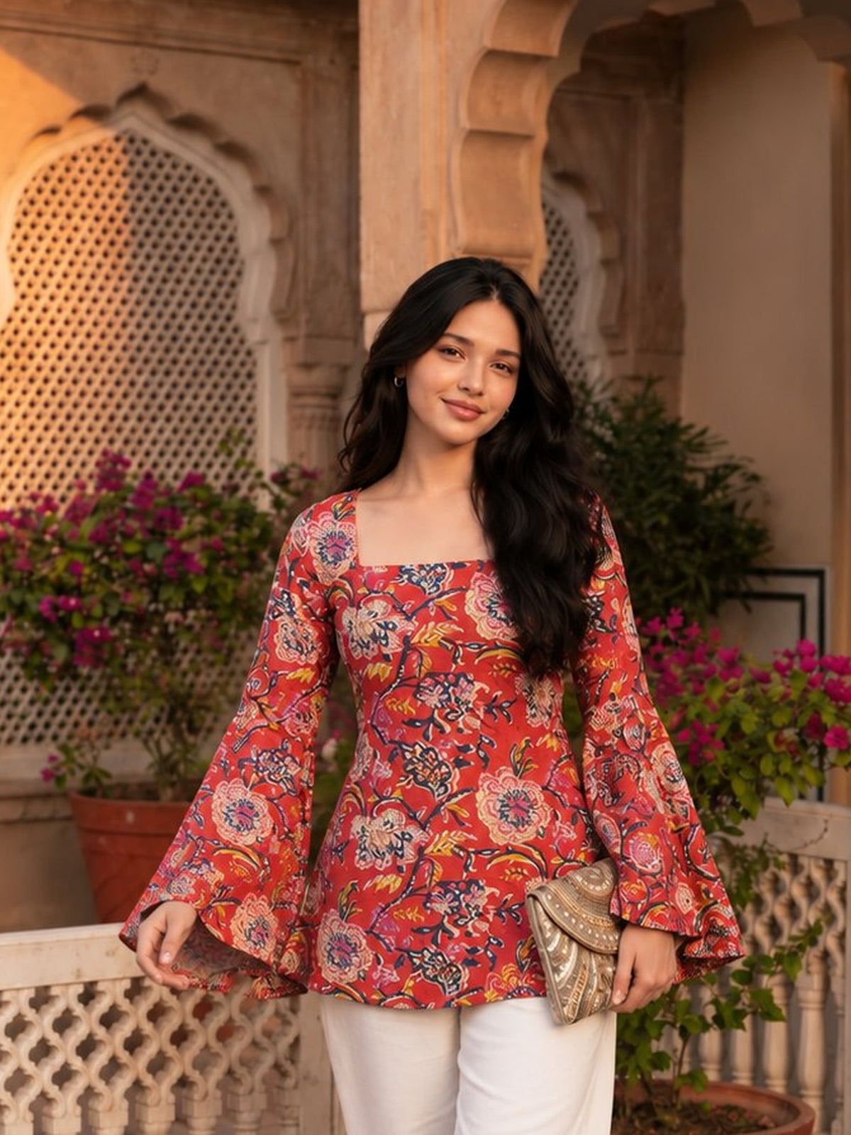 Red Rosevine Short Print Kurti