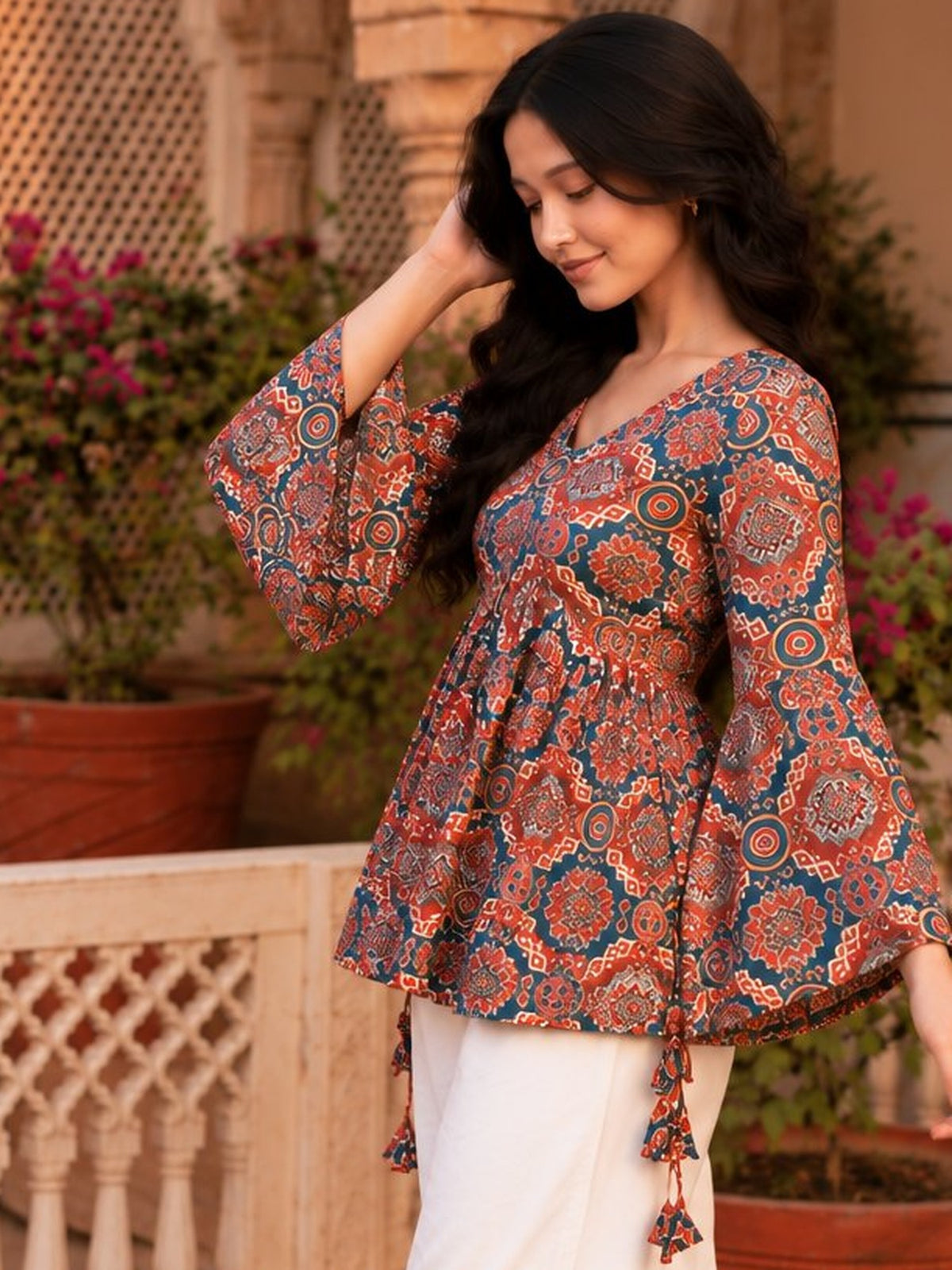 RED & TEAL FOLK FUSION PRINT KURTI