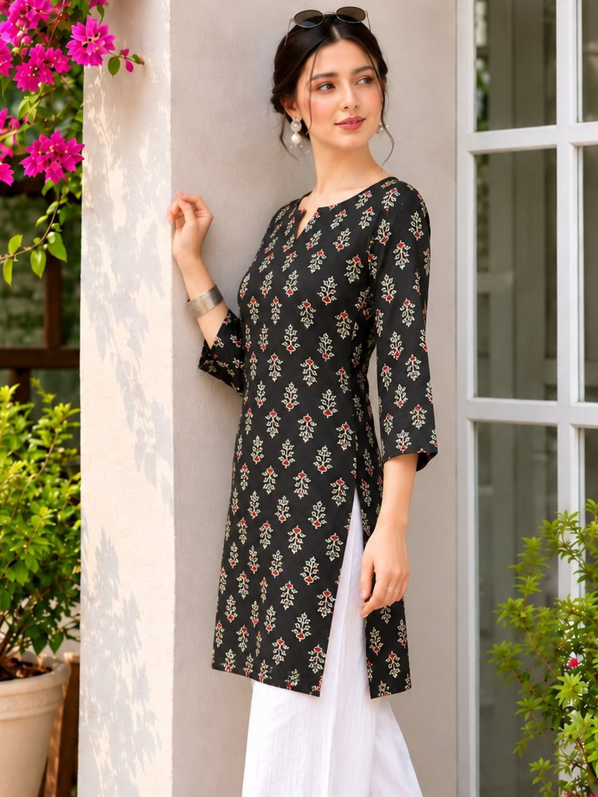 Floral Black  Butti Print  Short Kurti