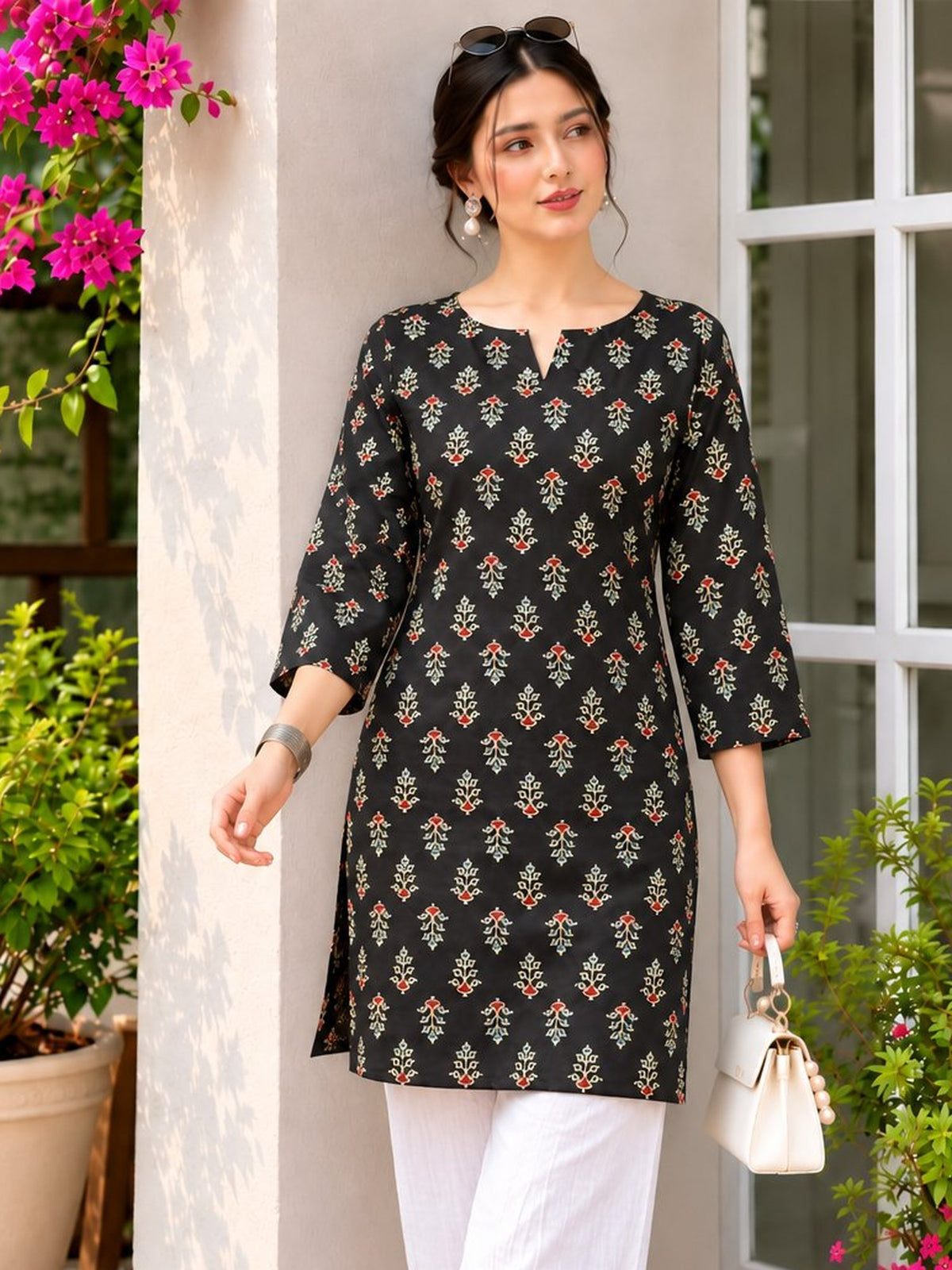 Floral Black  Butti Print  Short Kurti