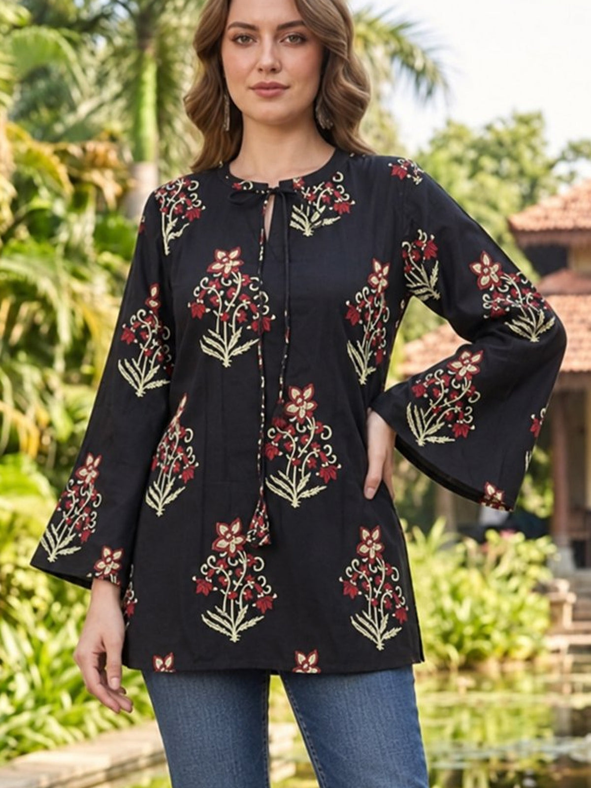 Black  Floral Print Short Kurti